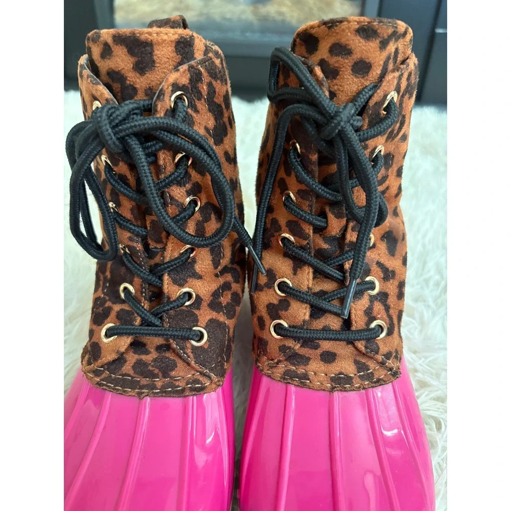 Cape Robbin Leopard Print‎ Duck Boots Hot Pink Rubber Women's Size 5 Rain Boots